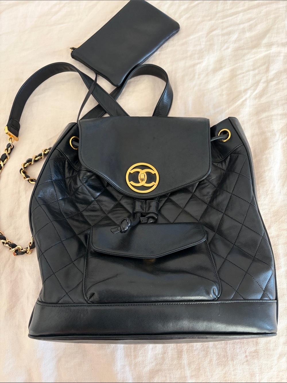 Vintage Chanel quilted CC backpack with 24k gold hardware